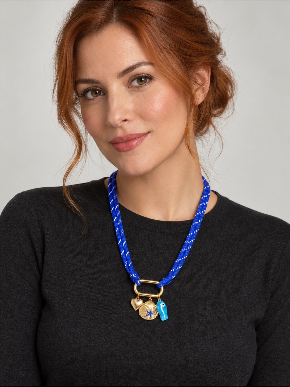 Nautical Blue Rope Necklace with Gold Shell and Aqua Charm